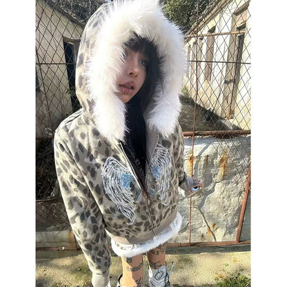 Y2K Leopard Fur Collar Cropped Hoodie Top