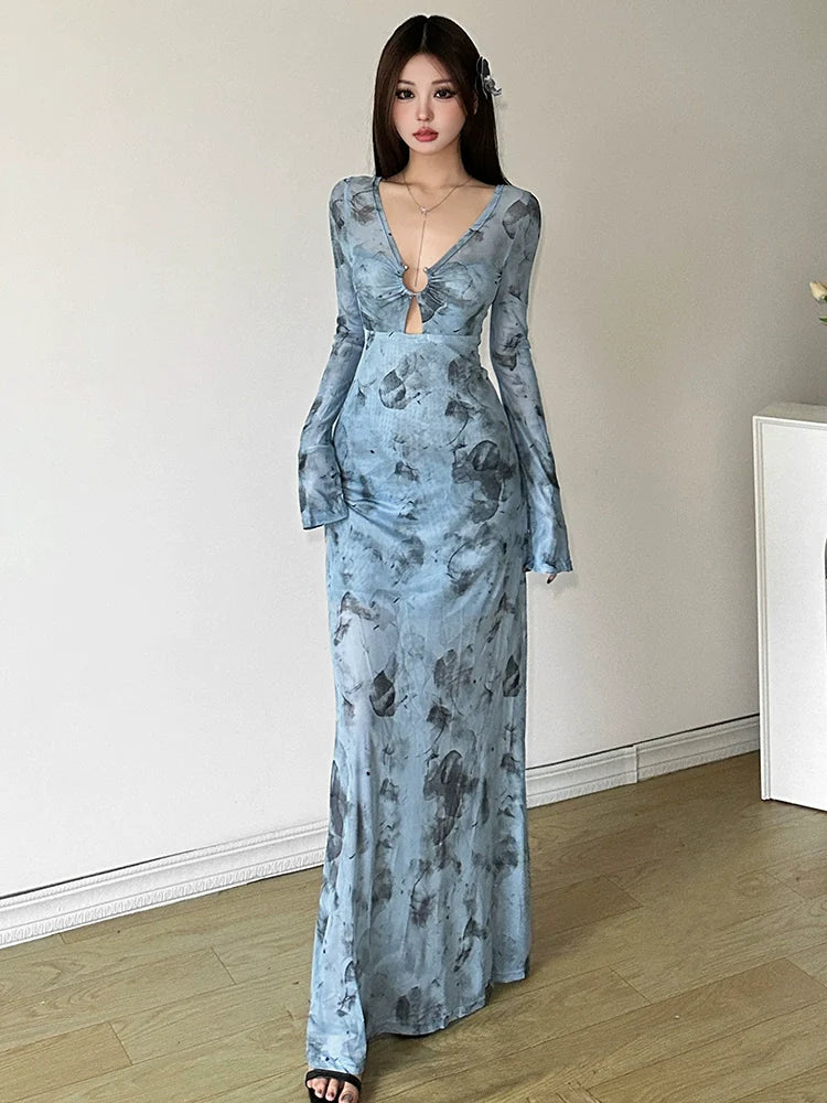 South French Vacation Style Cutout V-Neck Tie-Dye Fitted Slimming Hot Girl Maxi Dress
