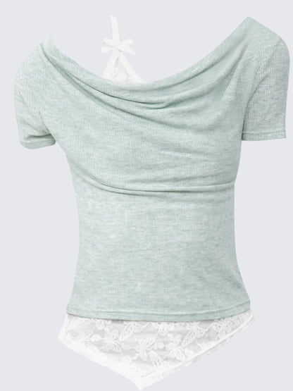 American Cute Lace Faux Two-Piece Tee
