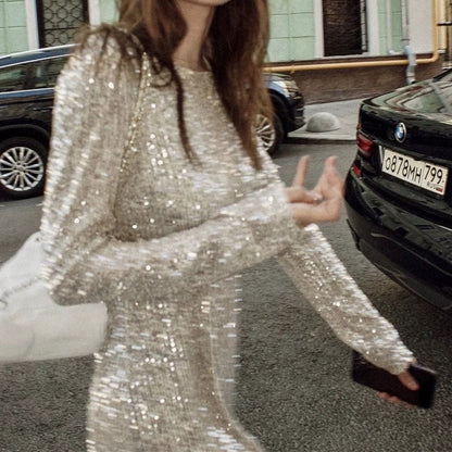 Silver Sequin Long Sleeve Top