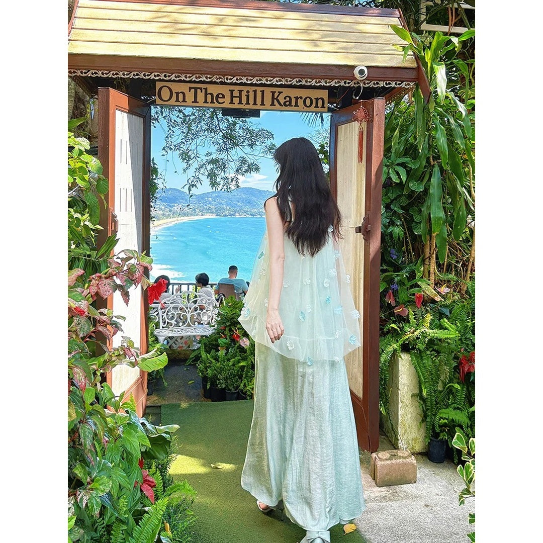 Blue 3D Flower Halter Tulle Gown Dress