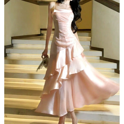 Pink Ruffle Spaghetti Strap Gown Dress