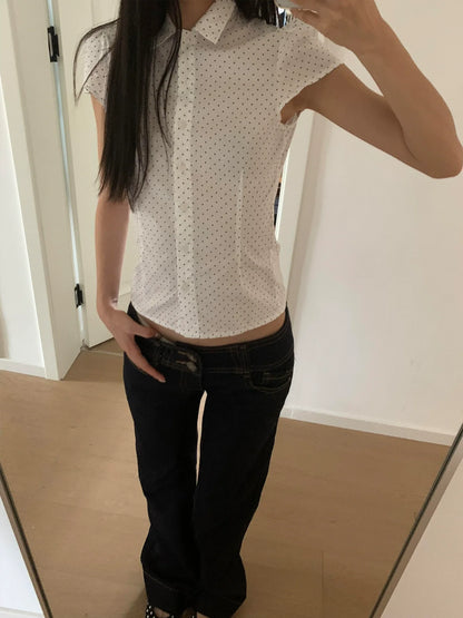 Y2K Star & Polka Dot Polo Shirt White Fitted Summer Top