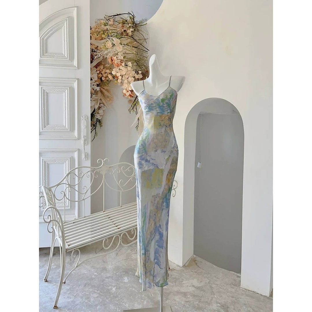 Moonlight Sea Draped Printed Spaghetti Strap Gown Dress