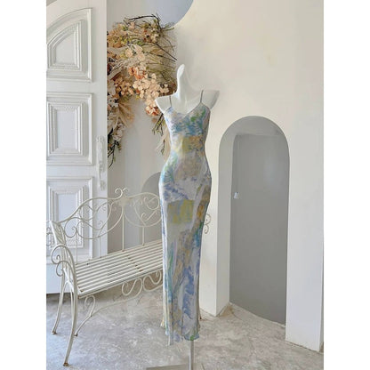 Moonlight Sea Draped Printed Spaghetti Strap Gown Dress