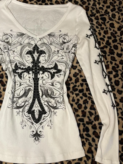 White V-Neck Cross Print Long Sleeve Tee Y2K Top