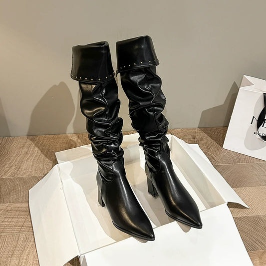 Minimalist Pointed Toe Slouchy Knee High Boots Women New Spicy Girl Chunky Heel Slouchy Over The Knee Slimming Knee High Boots