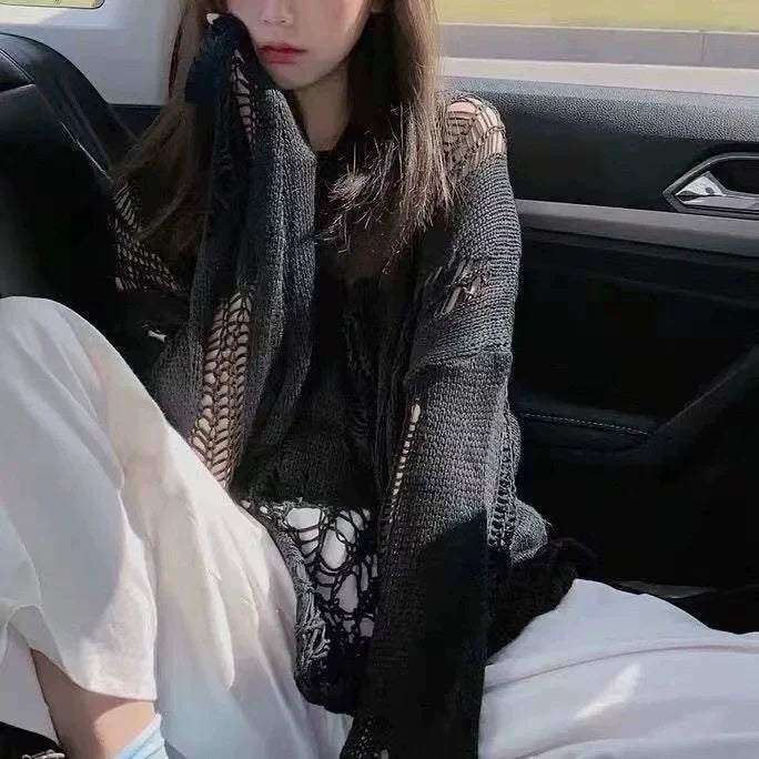 Black Subculture Punk Y2K E-girl Cutout & Distressed Slouchy Oversized Top (Thin Fabric)