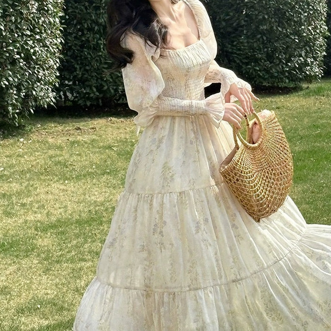 French Printed Puff Sleeve Resort Gown Dress