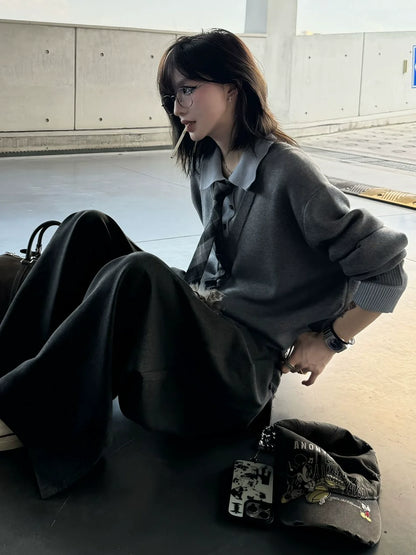 Old Money Fake Layer V-Neck Sweater Polo Collar Knit Pullover Autumn-Winter Cleanfit Top