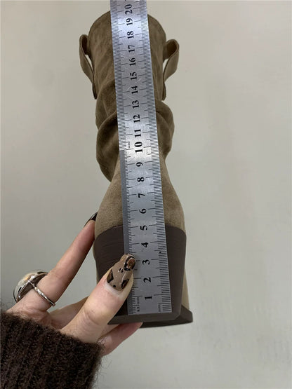 Pointed Toe Fashion Short Boots Women Fall Winter New Slouchy Chunky Heel Elevated Mid Calf Suede Western Boots