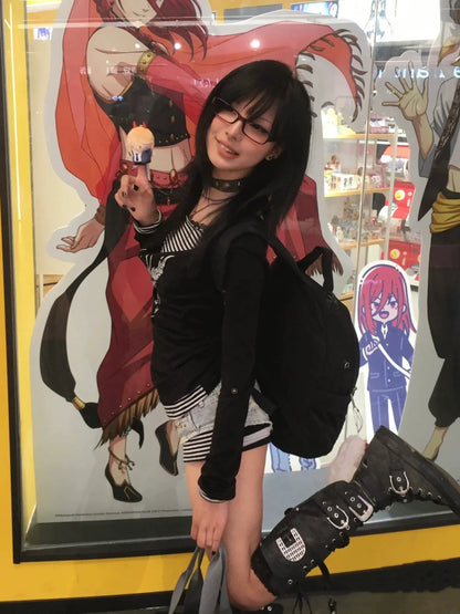 Black Punk Y2K E-girl Draped Neck Fake Two-Piece Print Unique Design Long Sleeve Top