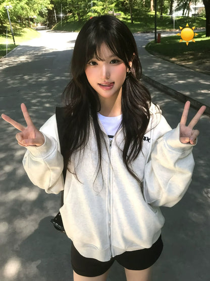 Korean Lazy Chic Hoodie Casual Zip-Up Sweatshirt