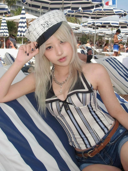 Striped Halter Neck Bustier Top