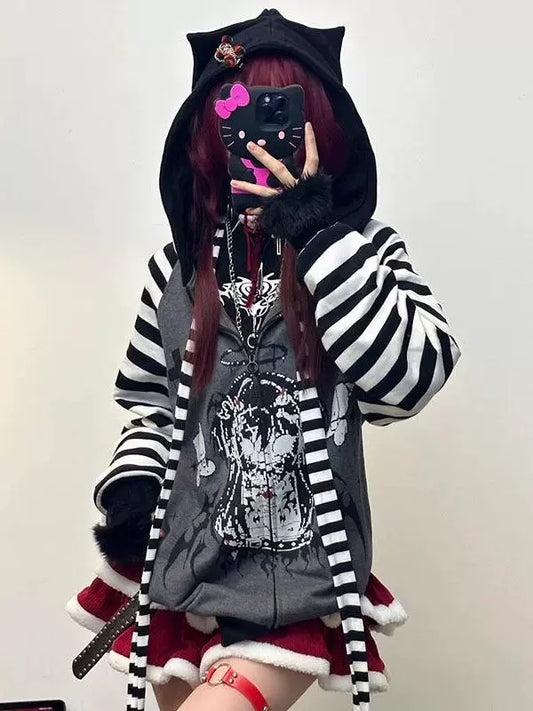 Black & Gray Demon Hoodie Jacket [Spring-Autumn] Subculture Punk Y2K E-girl Cat-Ear Stripe Demon-Print Oversized Zipper Jacket