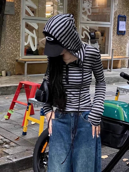 Black & Gray Striped Hooded Light Subculture Y2K E-girl American Retro Long Sleeve Top