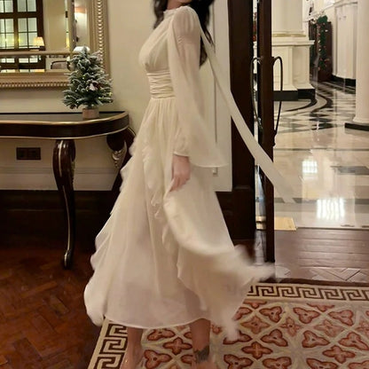 White Long Sleeve Gown with Ruffle Details Prom Dress