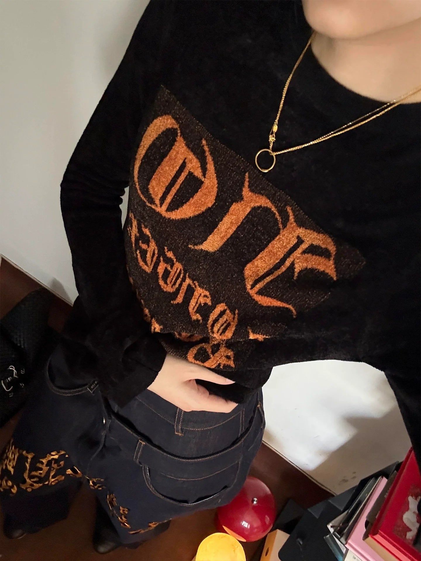 Retro Gothic Black Long Sleeve Top