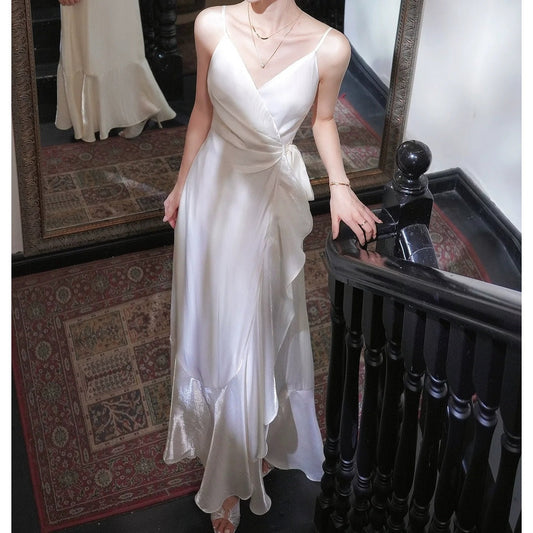 French Satin Spaghetti Gown Dress – High-End Fitted Party Dress