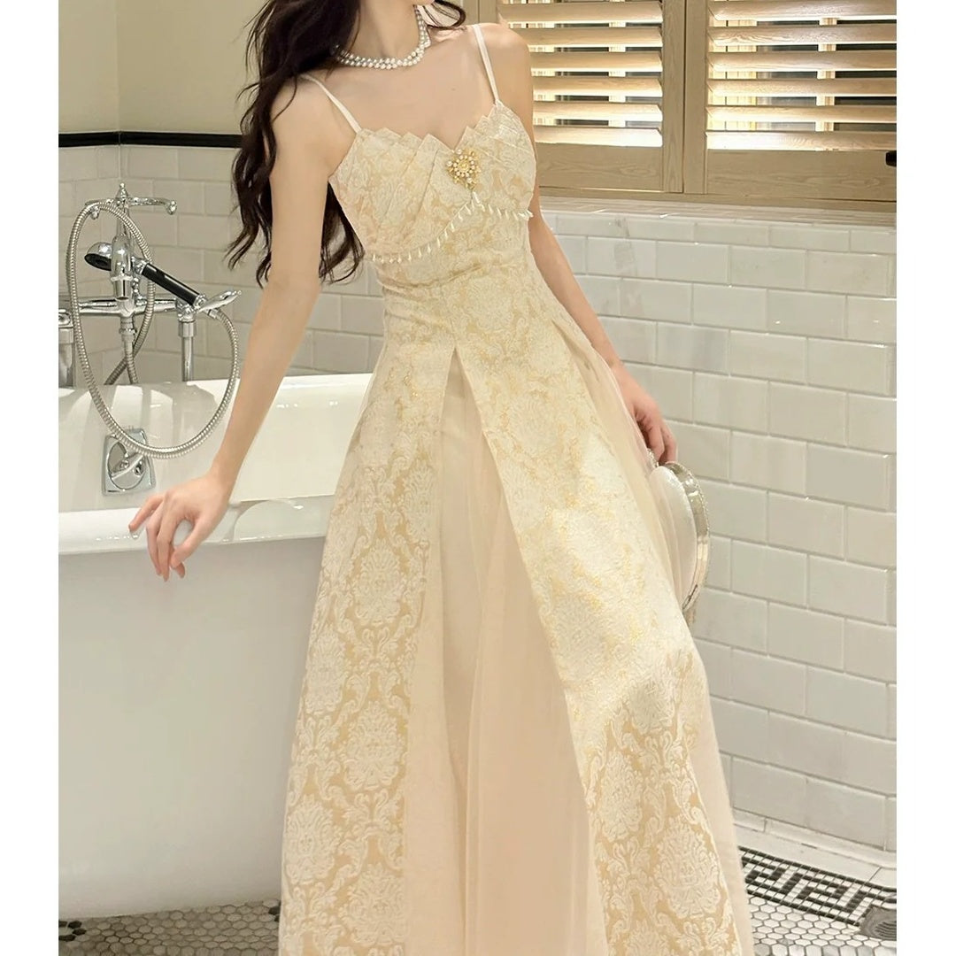 French Printed Spaghetti Strap Fitted Waist Gown Dress