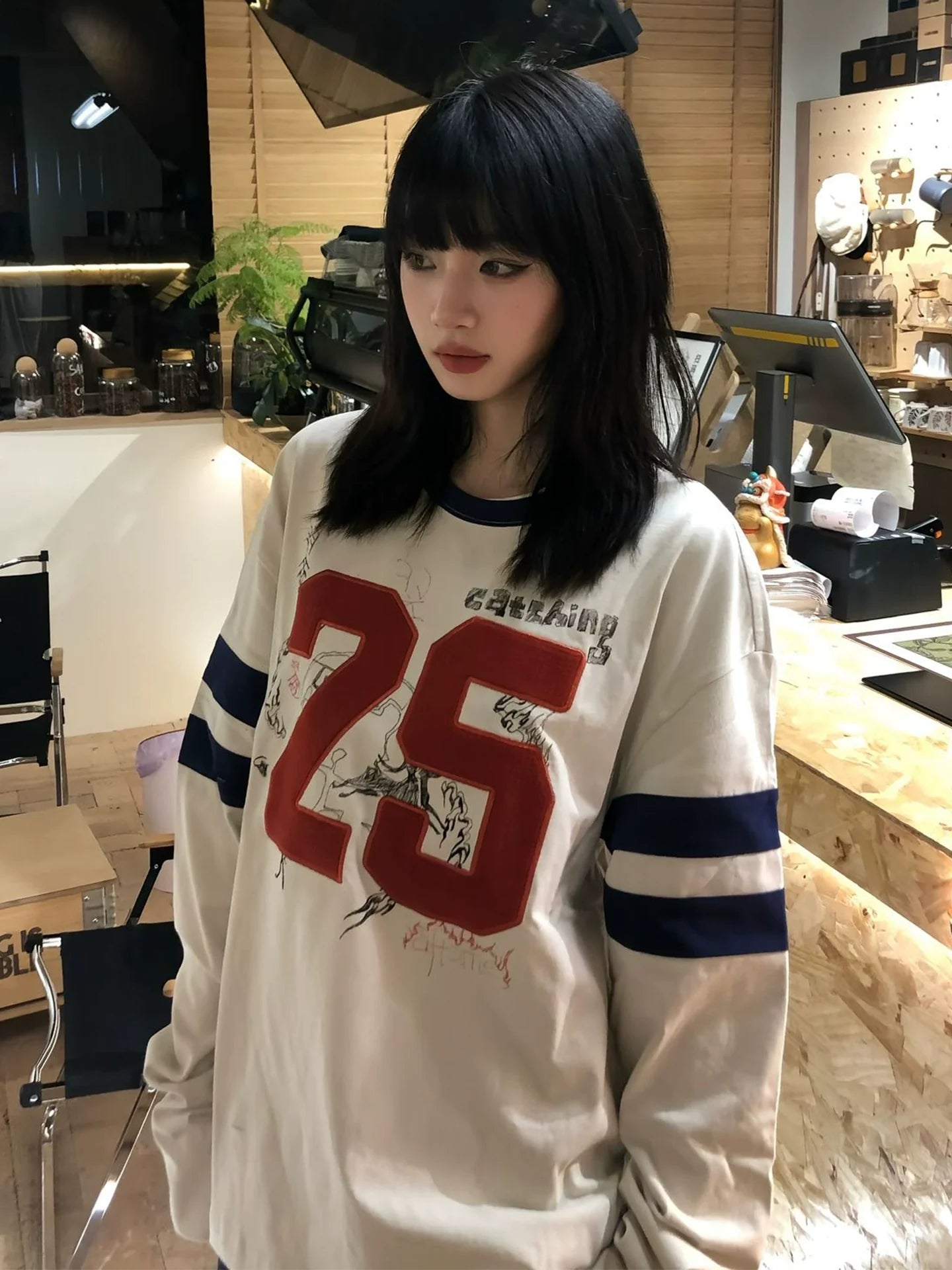 Retro Colorblock Graffiti Embroidered Long Sleeve Top