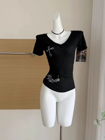 Black Subculture Y2K E-girl Abi American Retro Cross & Letter Print Short Sleeve Top