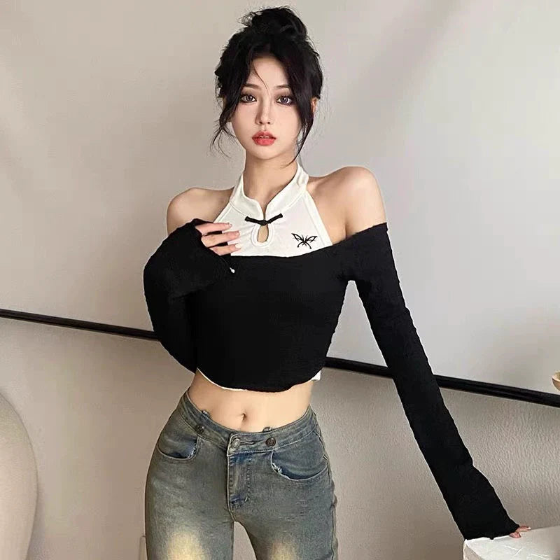 Two-Piece Subculture Y2K E-girl Retro Off-Shoulder Ruffle Niche Slim Short Top