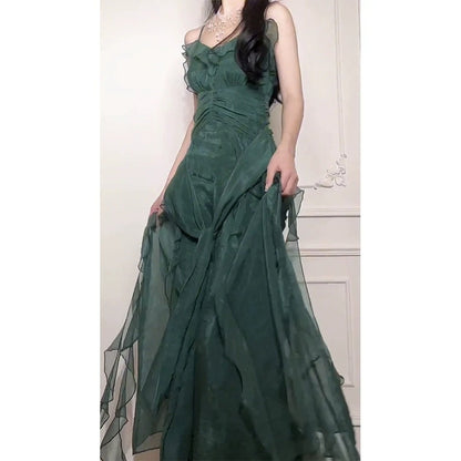 Green Design Patchwork Ruffle Spaghetti Strap Gown Dress