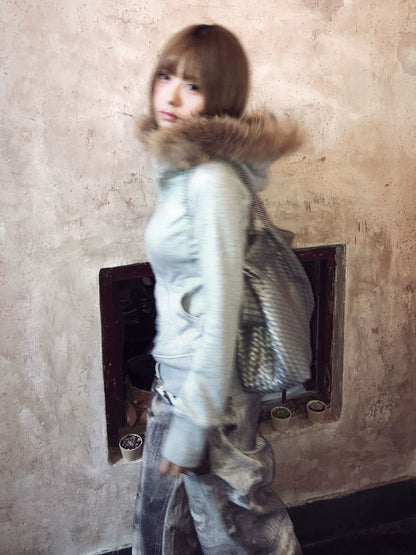 Detachable Fur Collar Zip Up Hoodie Slim Fit Y2K Top