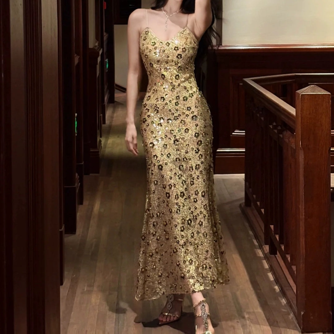 French Luxury Sequin Spaghetti Strap Fishtail Gown Dress