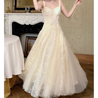 French Lace Mesh Spaghetti Gown Dress