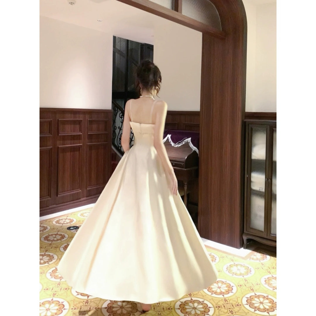 French White Spaghetti Strap Satin Bustier Waist Gown Dress