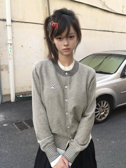 Korean Preppy Striped Knit Cardigan Autumn Loose Fit Layered Sweater Top