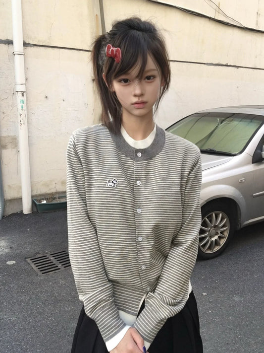 Korean Preppy Striped Knit Cardigan Autumn Loose Fit Layered Sweater Top