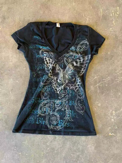 Tie-Dye Butterfly Subculture Y2K Shibuya Girl Abi American Vintage V-neck Slim-Fit Top