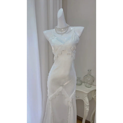 Mermaid White French Luxury Spaghetti Strap Gown Dress