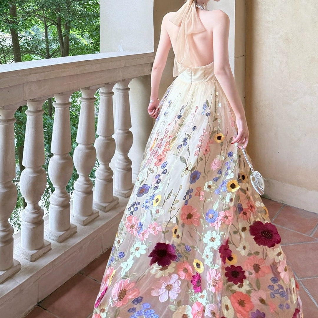 French Embroidered Halter Floral Gown Dress
