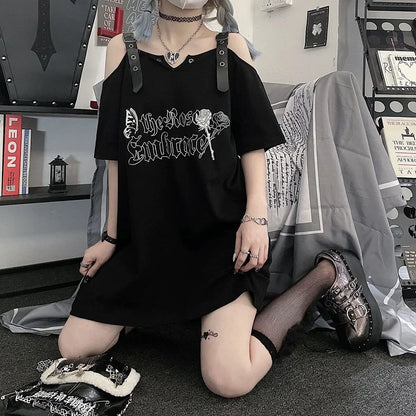 Black Misty Butterfly Print Off-The-Shoulder Mid-Length Oversized Y2K T-Shirt