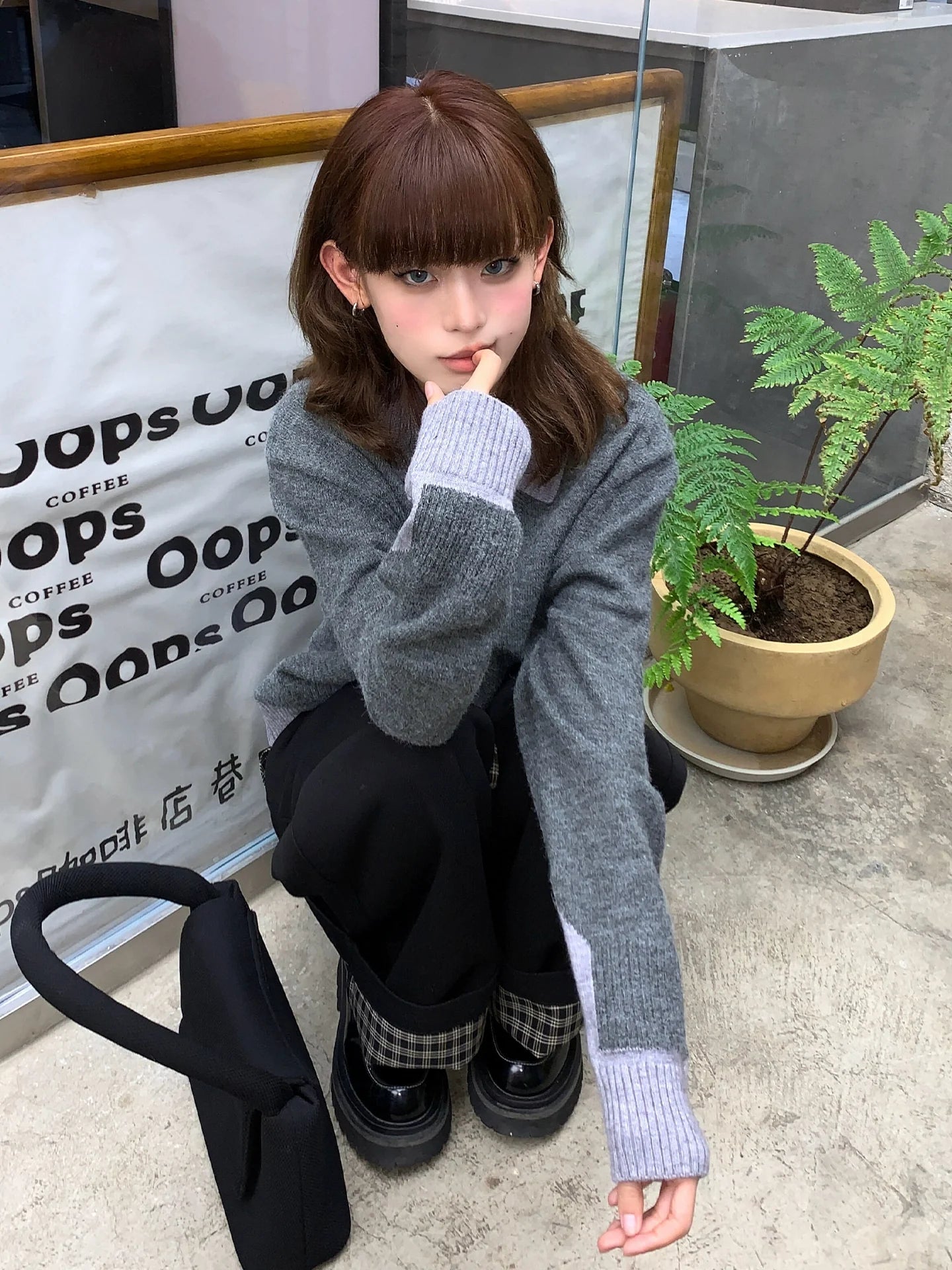 Colorblock Polo Collar Faux Layered Sweater Long Sleeve Loose Top