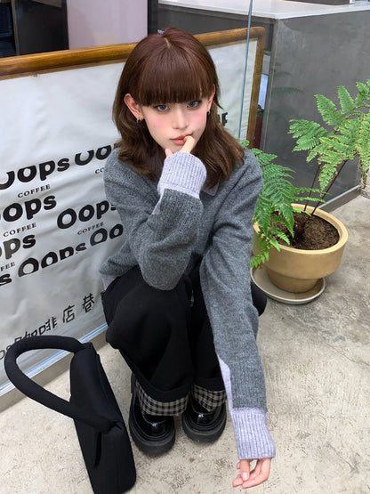 Colorblock Polo Collar Faux Layered Sweater Long Sleeve Loose Top