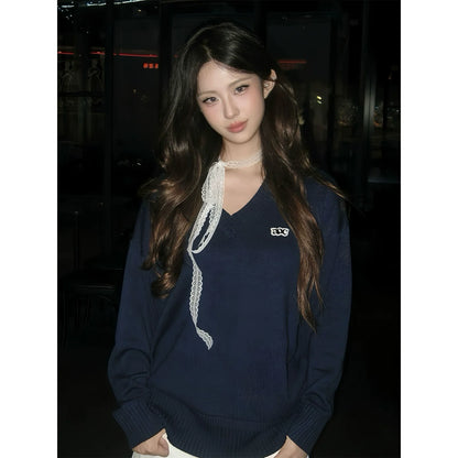 Korean V-Neck Knit Sweater Early Autumn Vintage Lazy Style Pullover Loose Fit