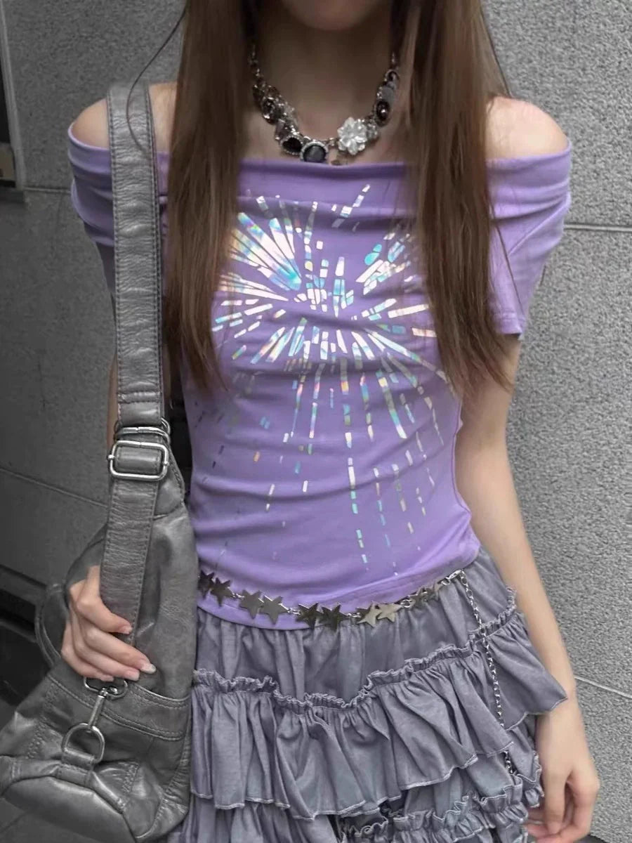 Purple American Vintage Cowl-Neck Waist-Cinched Light Subculture Y2K T-Shirt