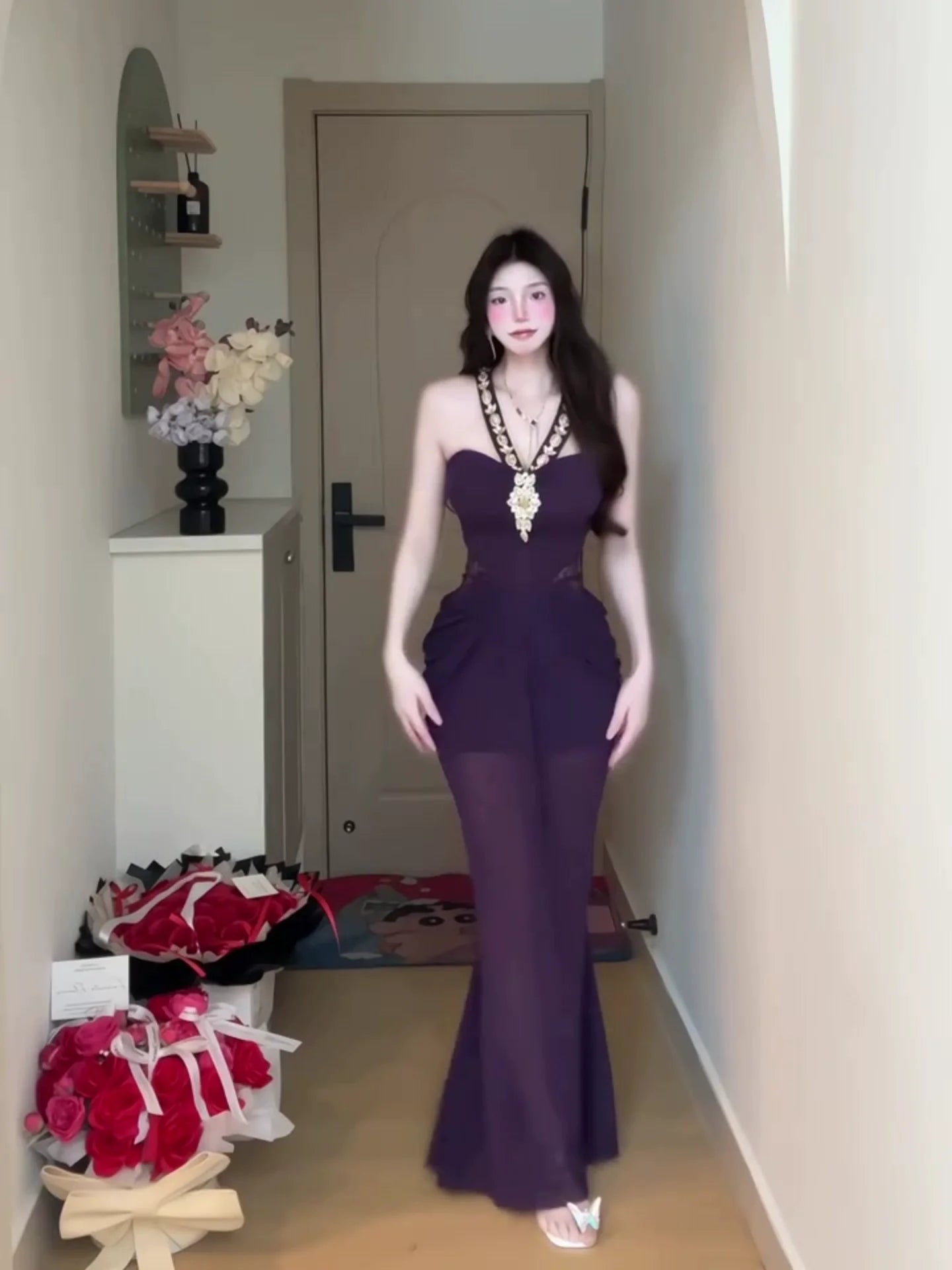 Purple Tulle-Paneled Rhinestone Halter Mermaid Maxi Dress