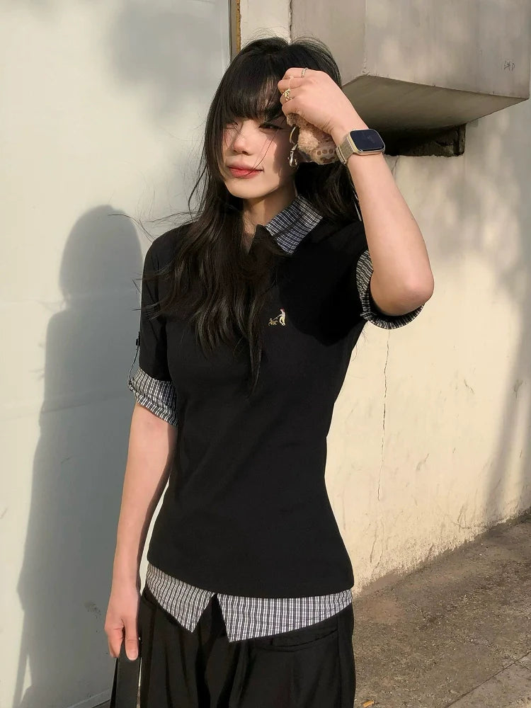 Preppy Black Plaid Polo Tee Layered Short Sleeve Fitted Top
