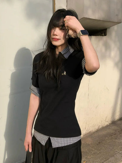 Preppy Black Plaid Polo Tee Layered Short Sleeve Fitted Top