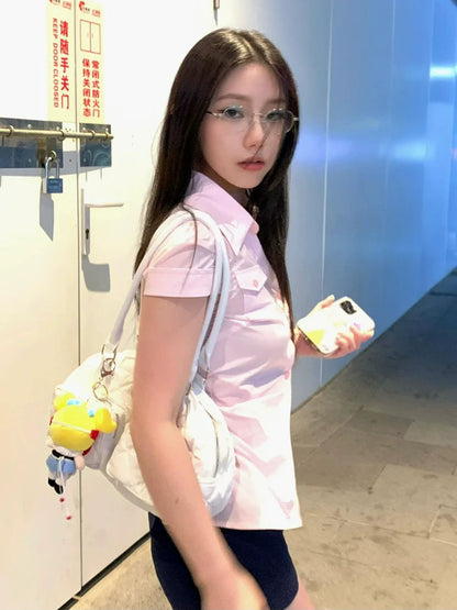 Korean Fitted Pink Short Sleeve Shirt Slim Waist Feminine Blouse