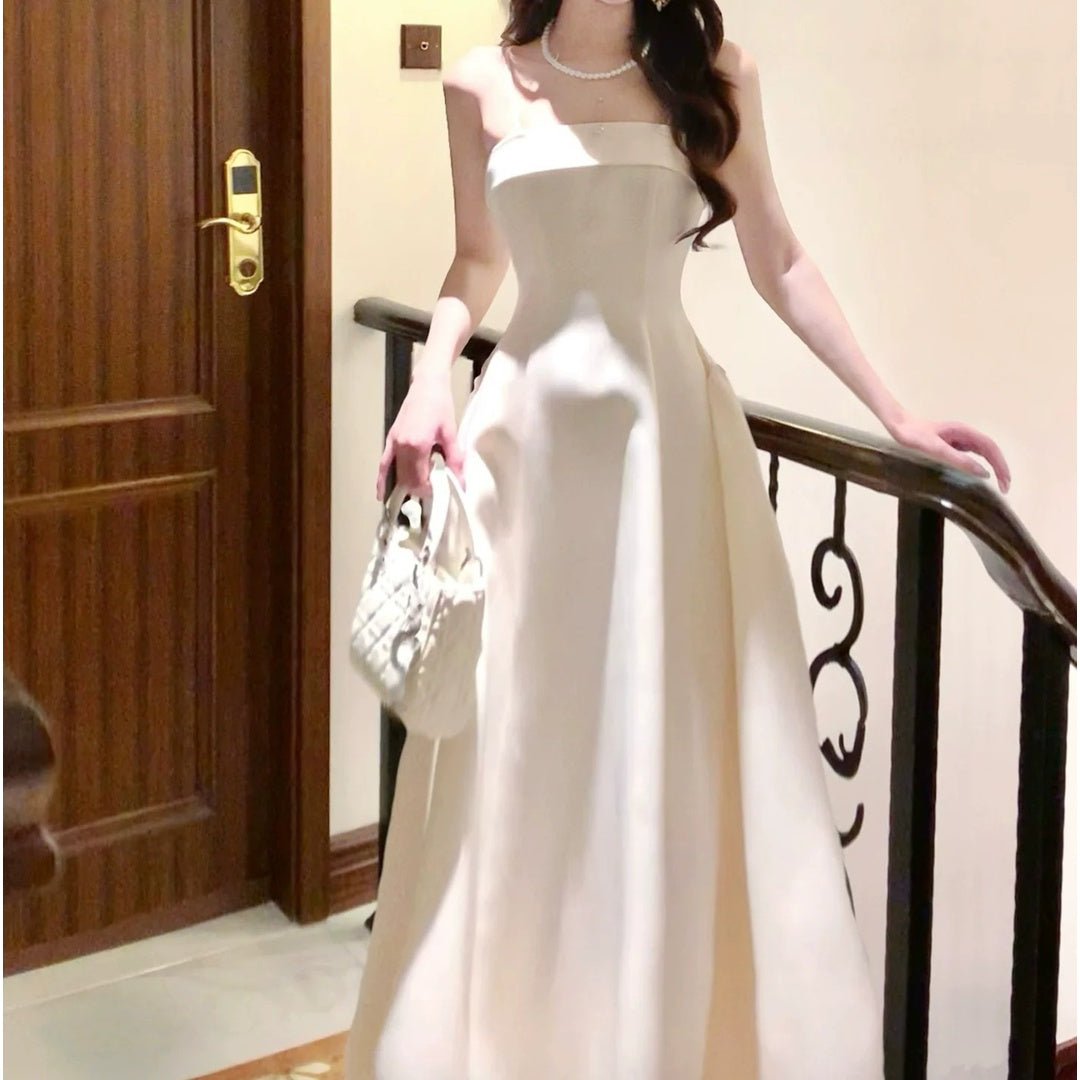 French White Spaghetti Strap Satin Bustier Waist Gown Dress