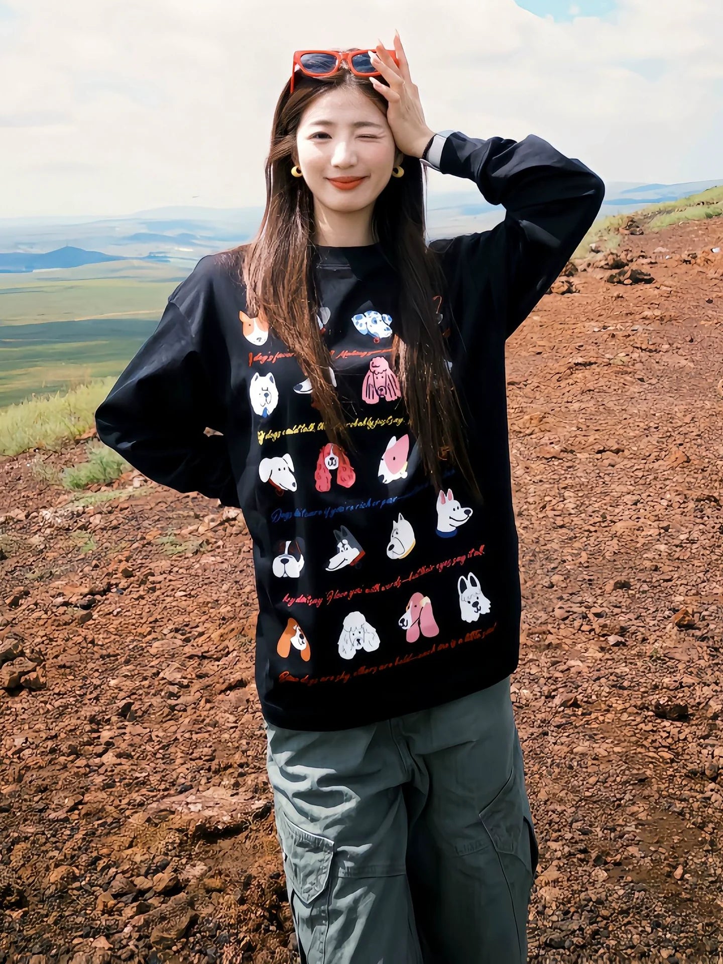 Korean Black Long Sleeve Tee Cute Puppy Print Relaxed Top