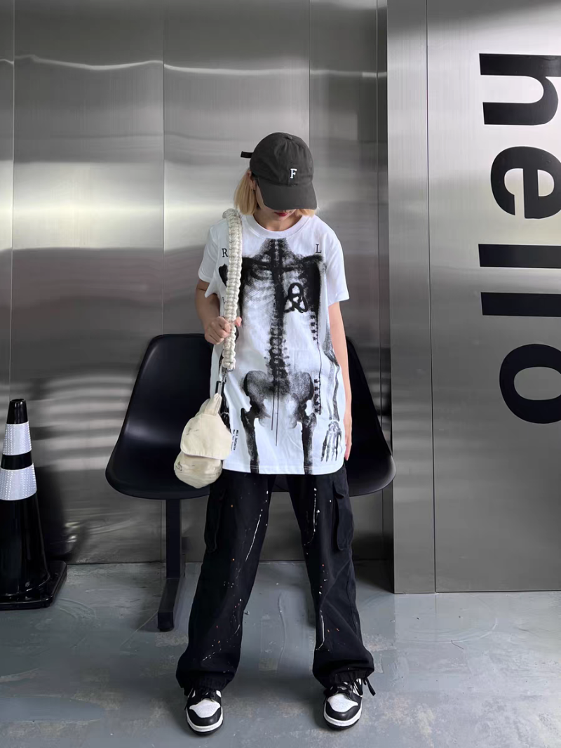 Human Skeleton Punk Bone Print Oversized Mid-Length Y2K T-Shirt