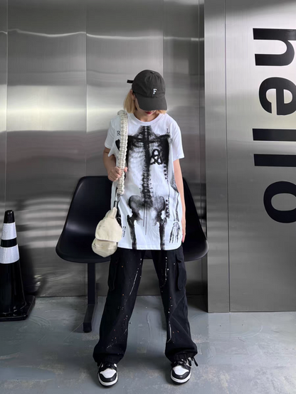 Human Skeleton Punk Bone Print Oversized Mid-Length Y2K T-Shirt